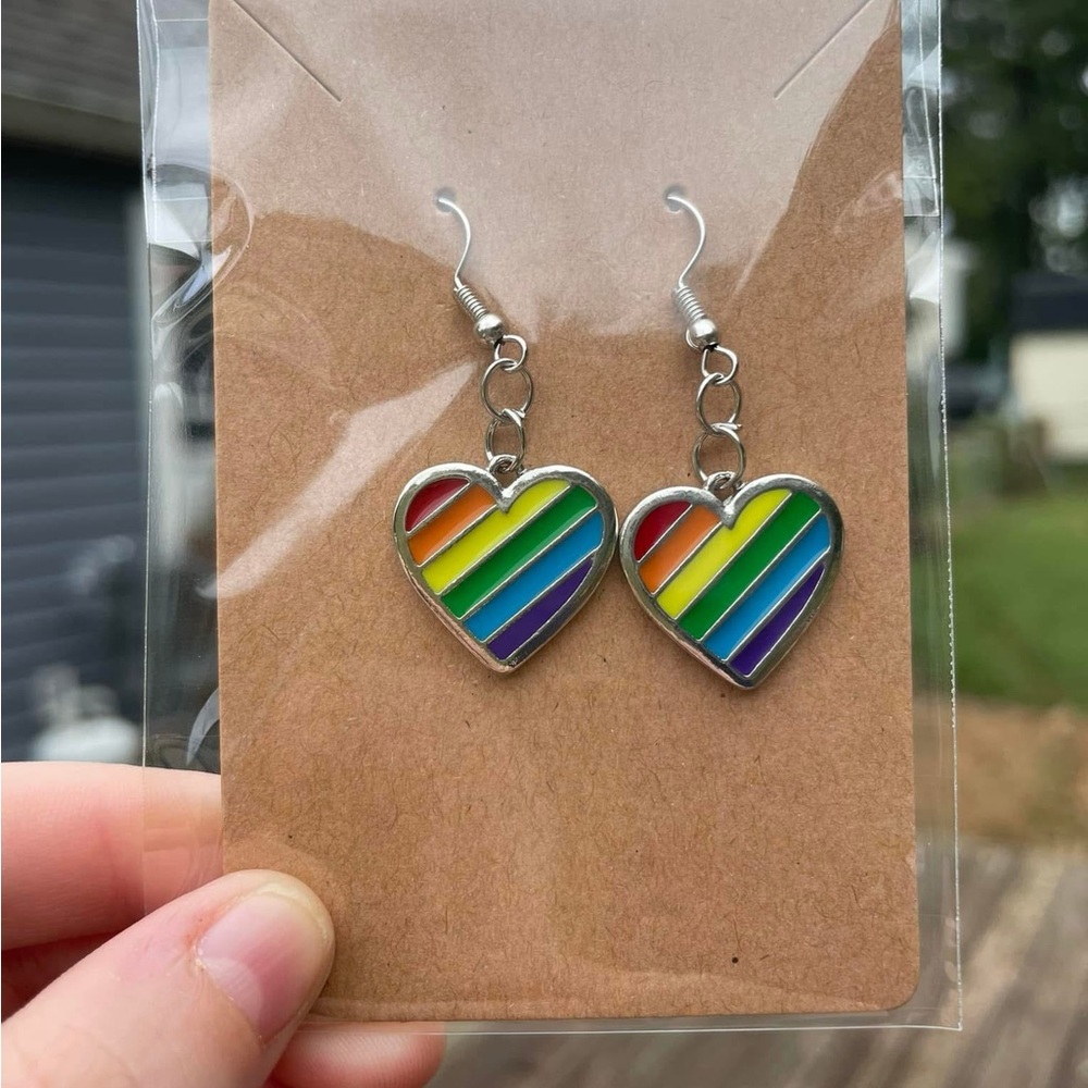 Hand-pieced Rainbow Heart Earrings
